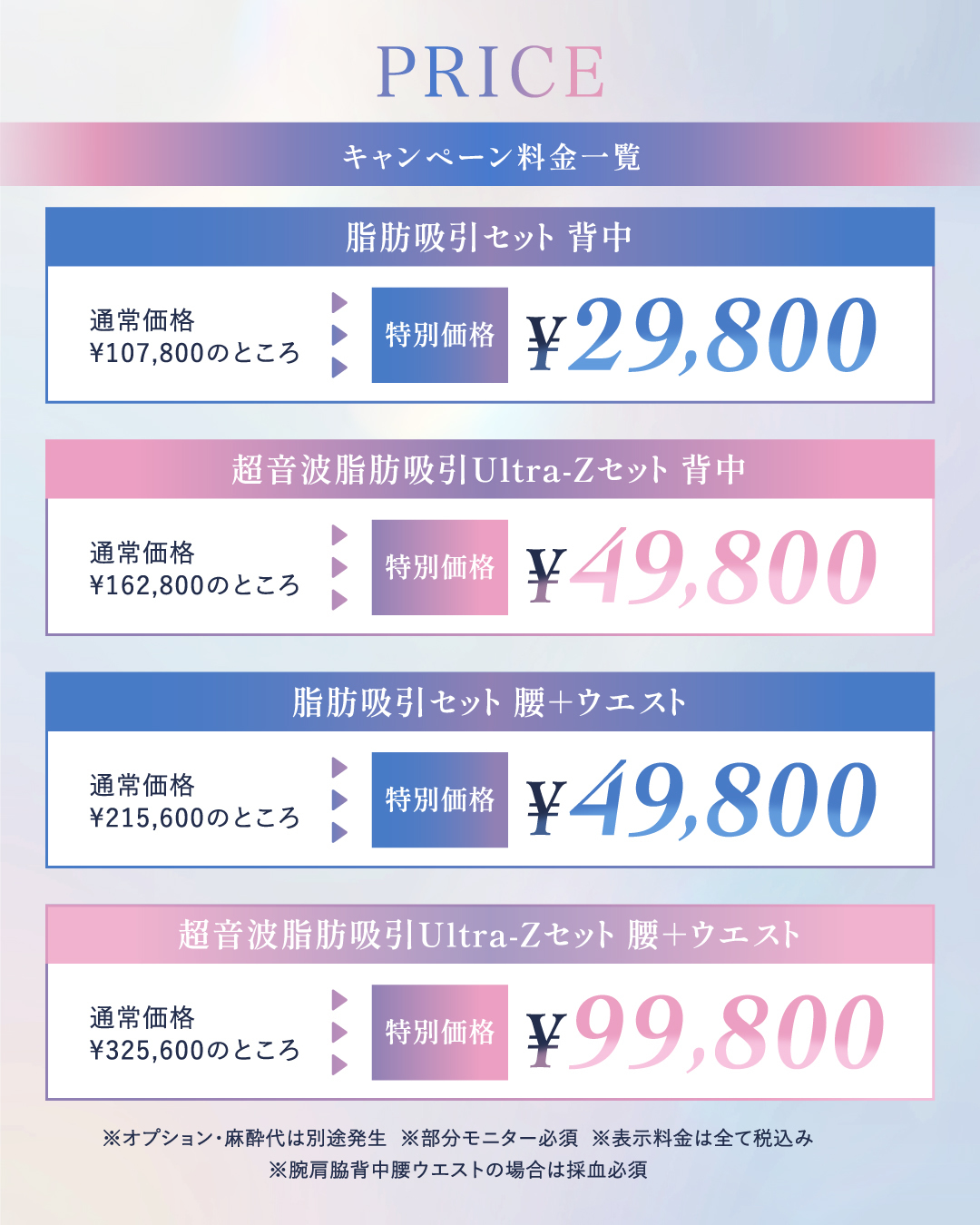 張田 修平医師、加藤 快世医師の脂肪吸引のコラボモニターの料金表